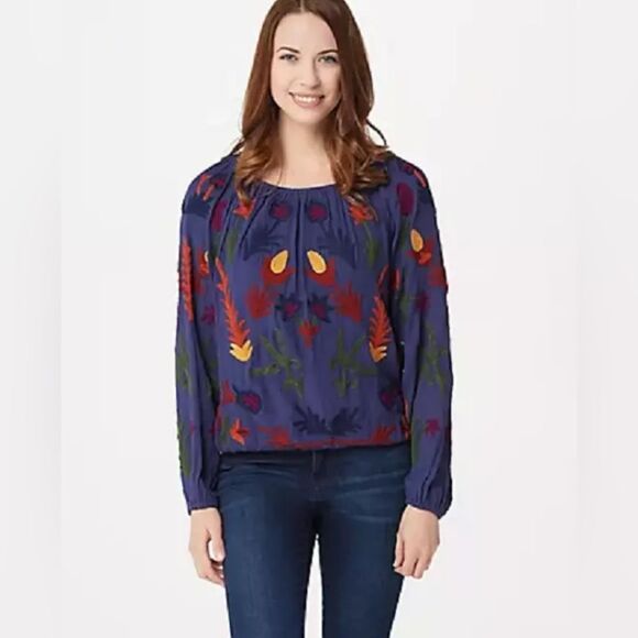 Laurie Felt Embroidered Boho Top Navy Women L - Picture 1 of 11